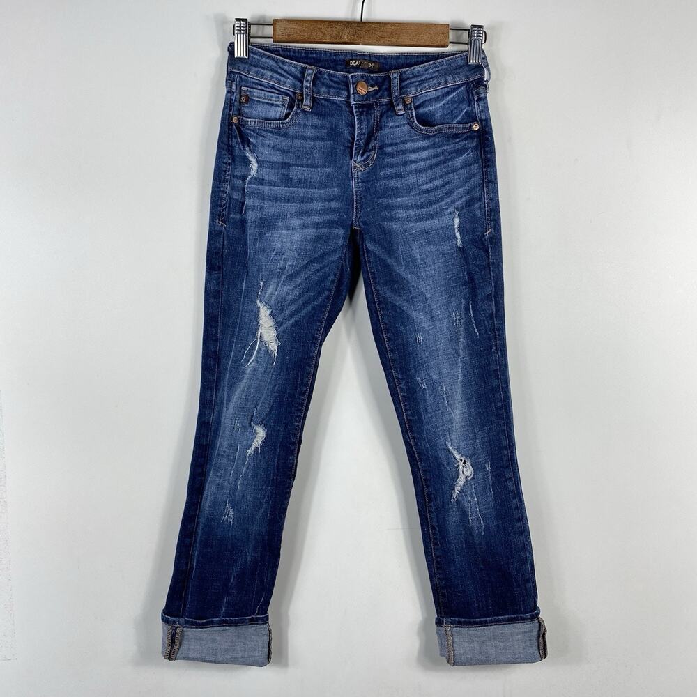 Dear John Jeans 25 Playback Cuffed Cropped Straight Leg Distressed Blue Dark